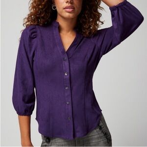 NWT White House Black Market WHBM Vegan Suede Button Top Deep Amethyst size 4